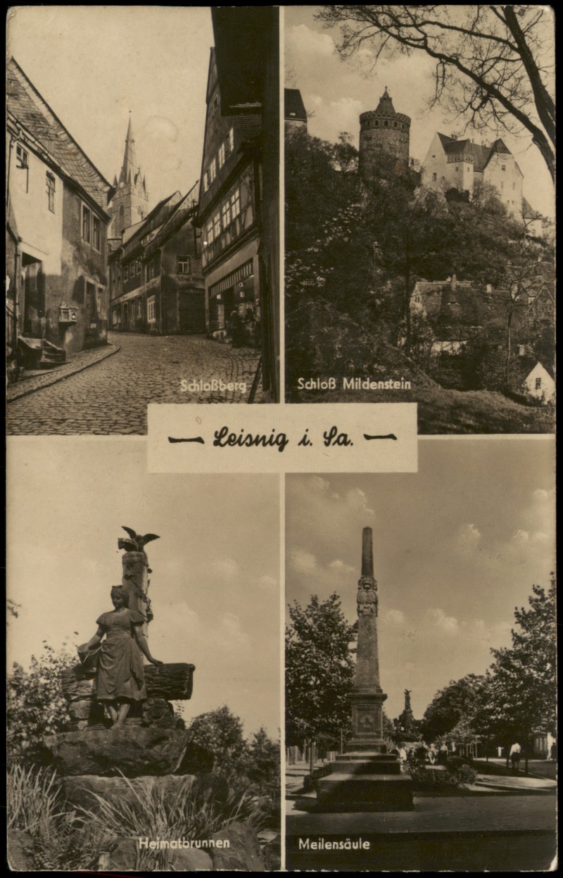 vergrößern: Bildseite historische Ansichtskarte von 1958: DDR Mehrbild-AK mit Heimatbrunnen Meilensäule Schloß Mildenstein:: Leisnig