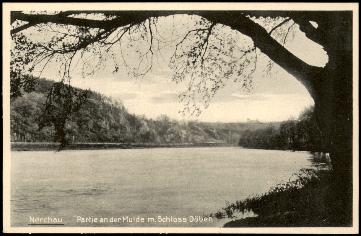 vergrößern: Bildseite historische Ansichtskarte von 1930: Partie an der Mulde mit Schloss Döben:: Nerchau-Grimma