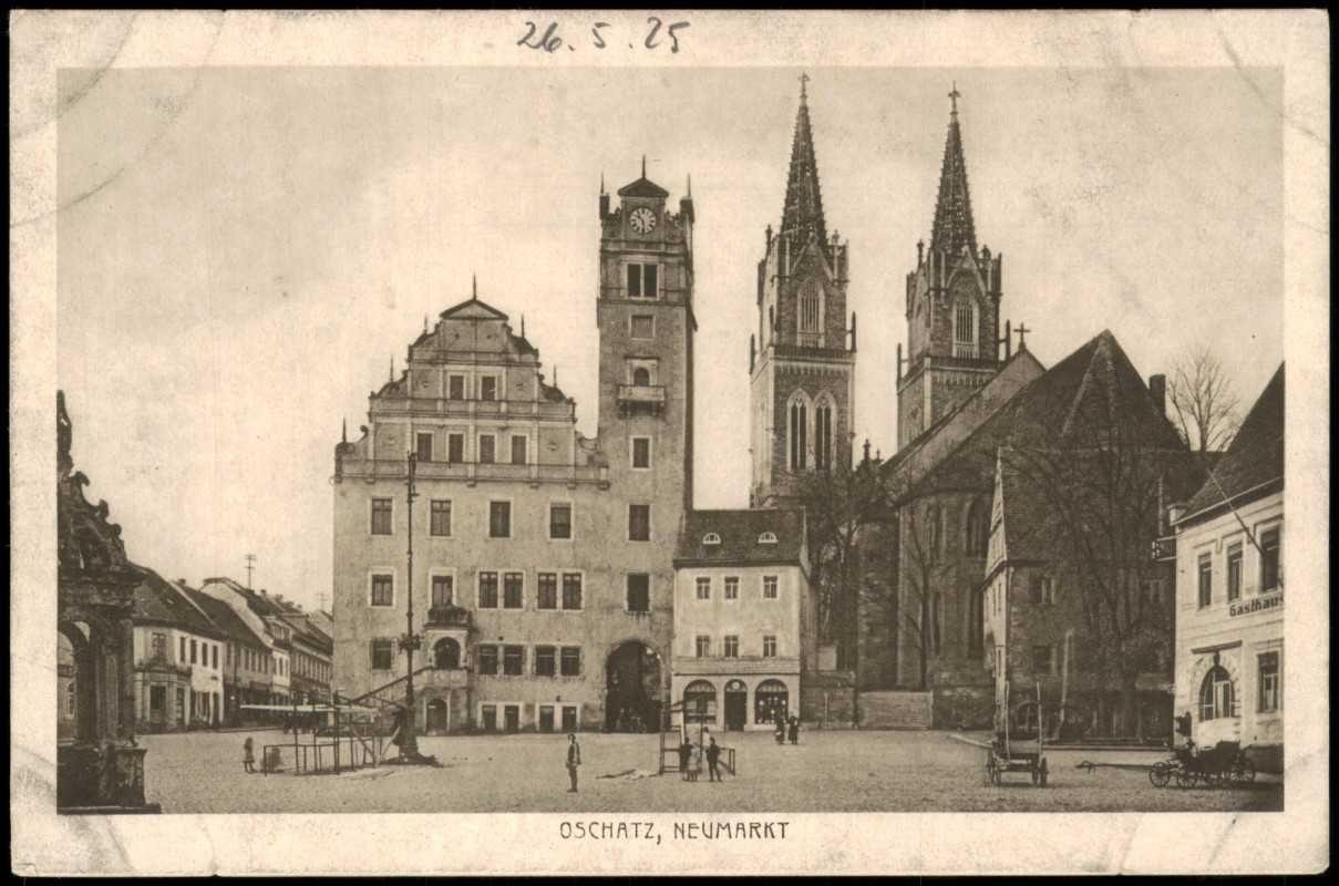 zoom: Image side vintage Postcard from 1925: Neumarkt Gebäude-Ansichten Kirche:: Oschatz