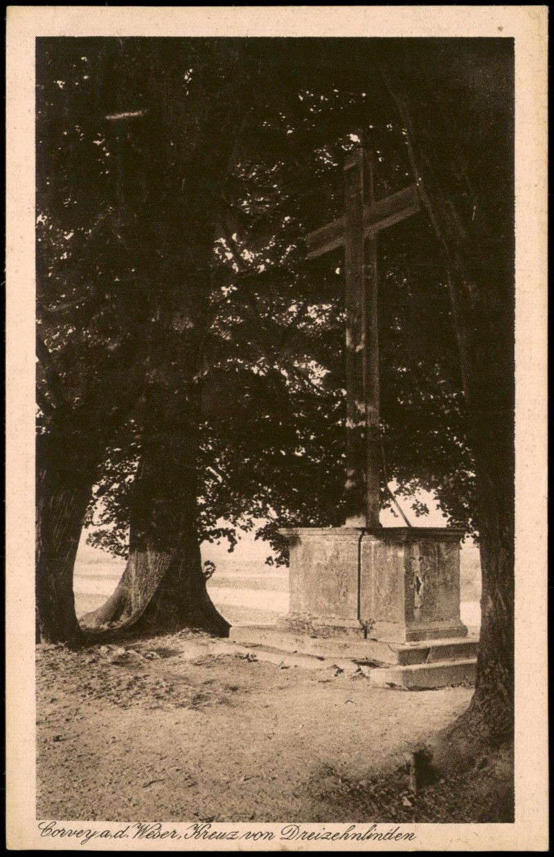 vergrößern: Bildseite historische Ansichtskarte von 1910: Corvey Kloster Schloss a.d. Weser Kreuz von Dreizehnlinden:: Höxter (Weser)