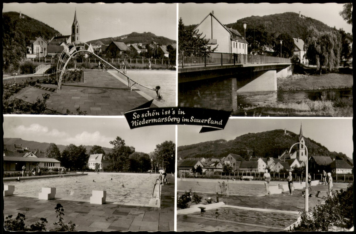 zoom: Image side vintage Postcard from 1960: Mehrbild-AK Ortsansichten mit Schwimmbad Freibad, Diemel-Brücke:: Niedermarsberg-Marsberg