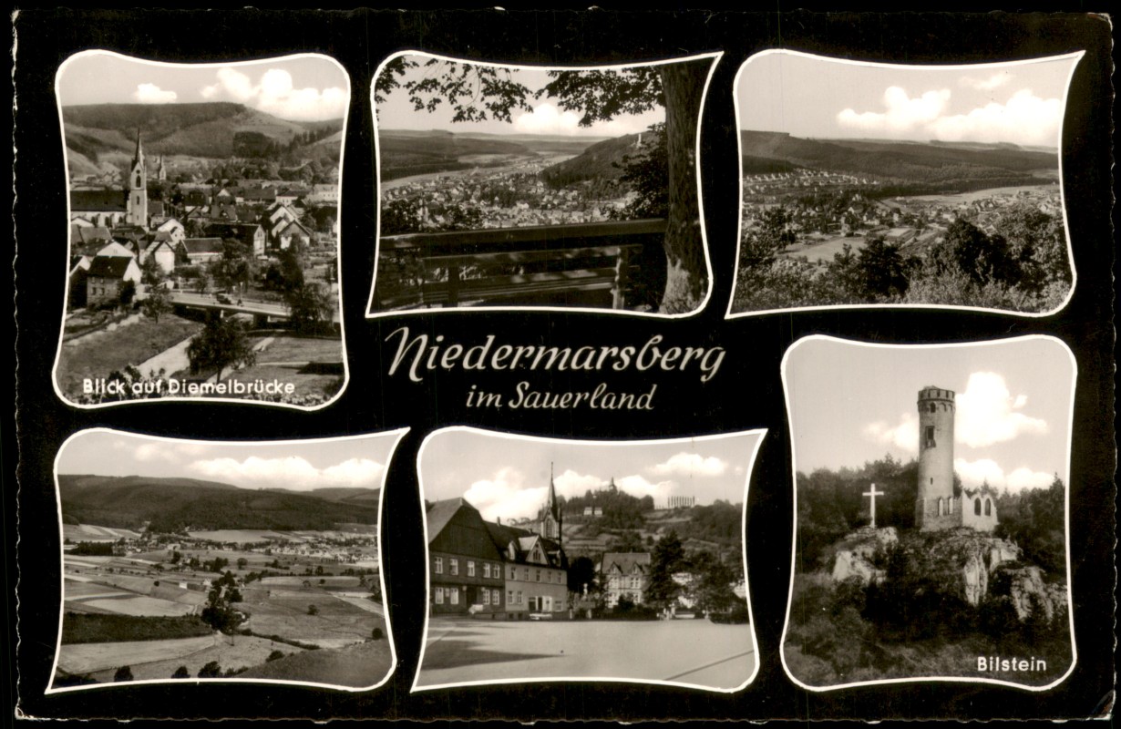 zoom: Image side vintage Postcard from 1960: Mehrbildkarte mit diversen Ortsansichten:: Niedermarsberg-Marsberg