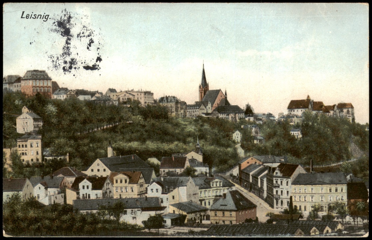 zoom: Image side vintage Postcard from 1914: Panorama-Ansicht Ortsansicht:: Leisnig