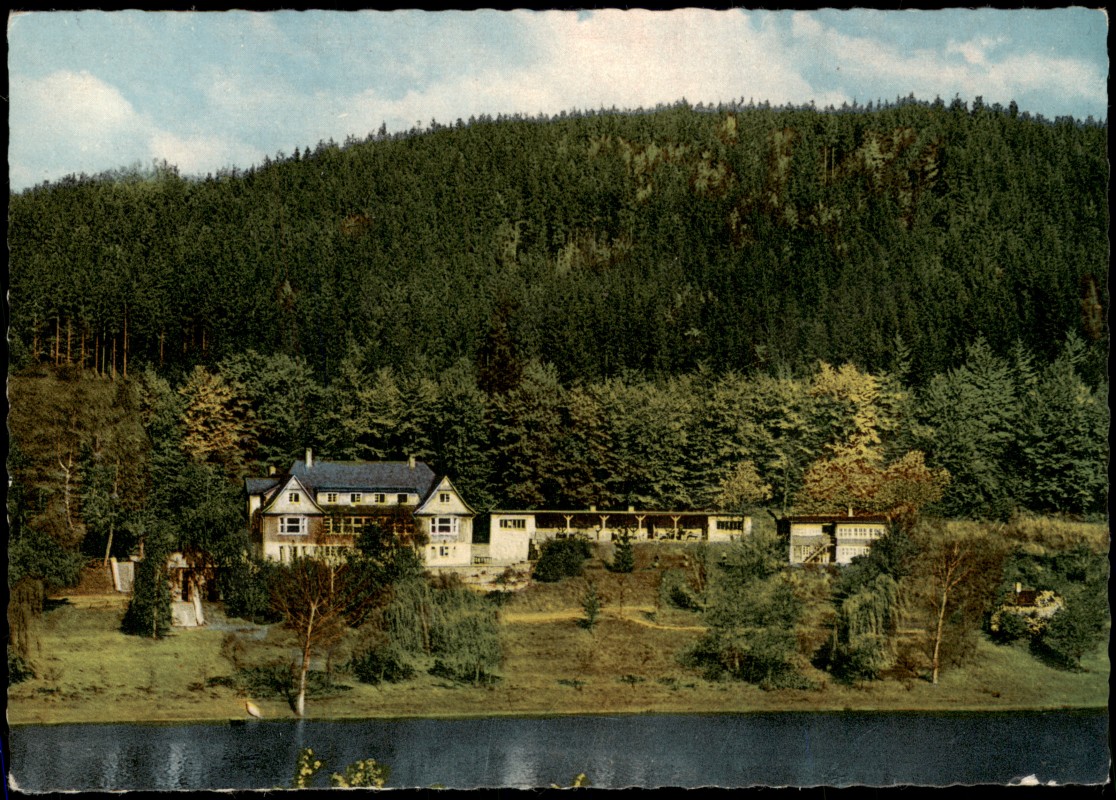 vergrößern: Bildseite historische Ansichtskarte von 1963: Jugendherberge Hohe Fahrt:: Asel (Vöhl)