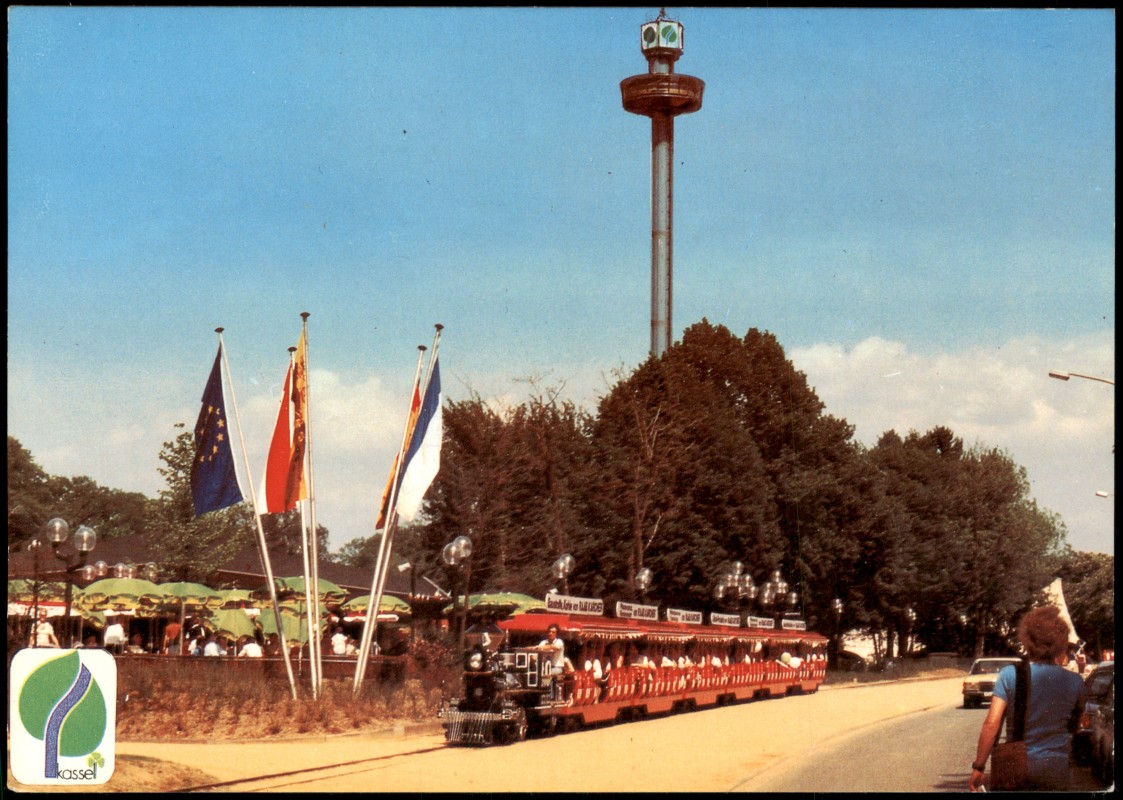 vergrößern: Bildseite historische Ansichtskarte von 1981: BUGA Aue-Express und Flower Tower:: Kassel