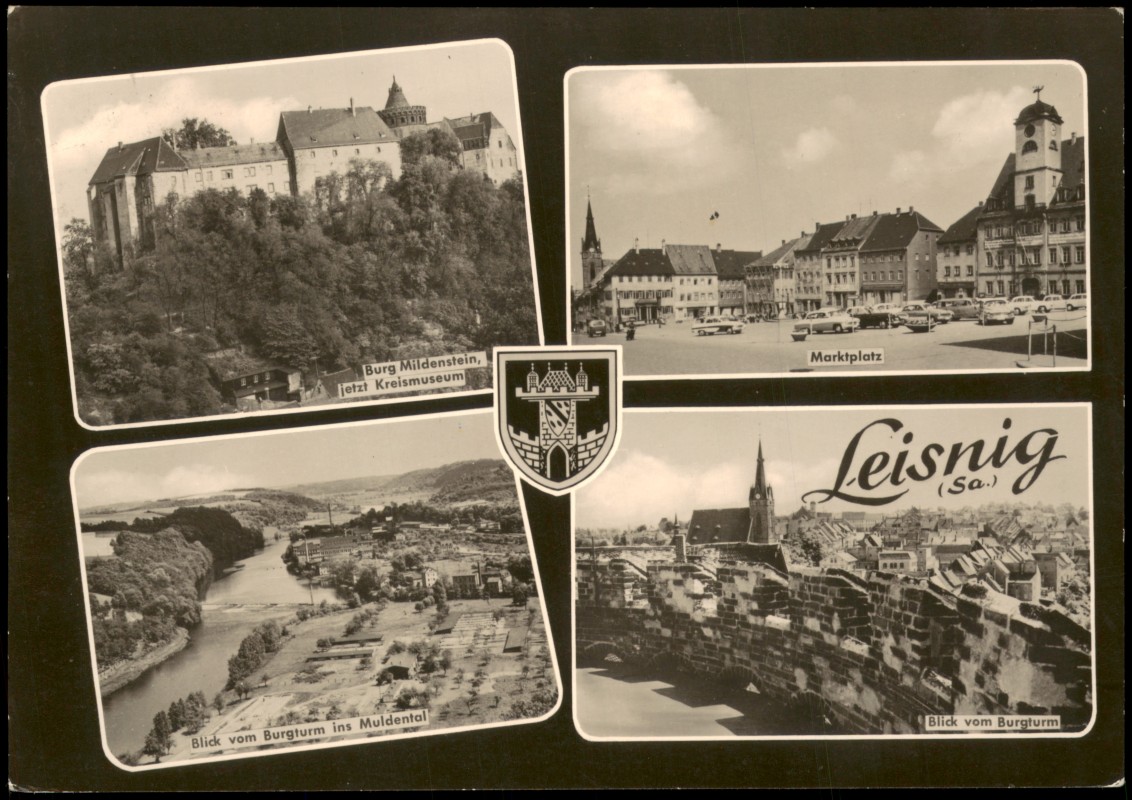 vergrößern: Bildseite historische Ansichtskarte von 1965: DDR Mehrbild-AK mit Burg, Marktplatz, Muldental:: Leisnig