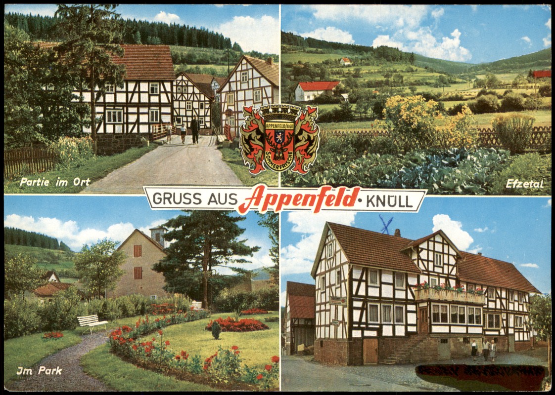 vergrößern: Bildseite historische Ansichtskarte von 1973: Mehrbildkarte mit Efzetal, Park, Haus-Ansichten:: Appenfeld-Knüllwald