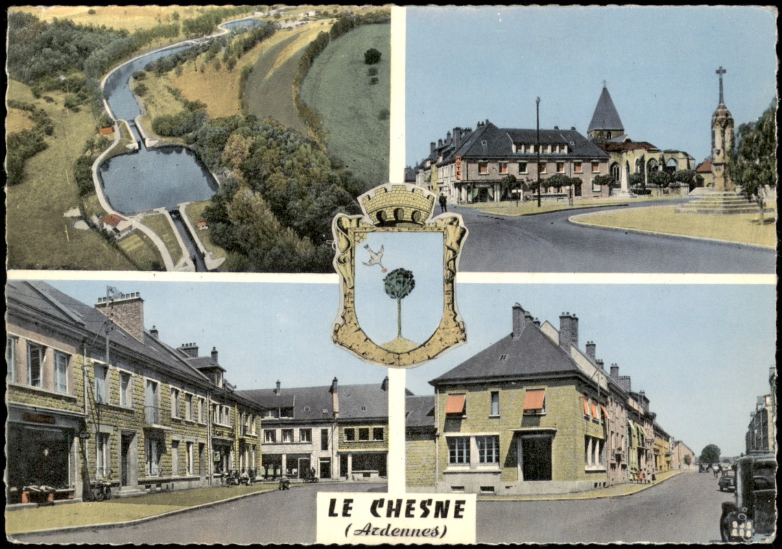 zoom: Image side vintage Postcard from 1955: Mehrbildkarte mit 4 Ortsansichten:: Le Chesne