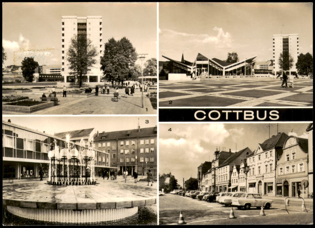 zoom: Image side vintage Postcard from 1976: DDR Mehrbild-AK ua. Milch-Bar Cosmos, Volksbuchhandlung Jenny Marx uvm.:: Cottbus