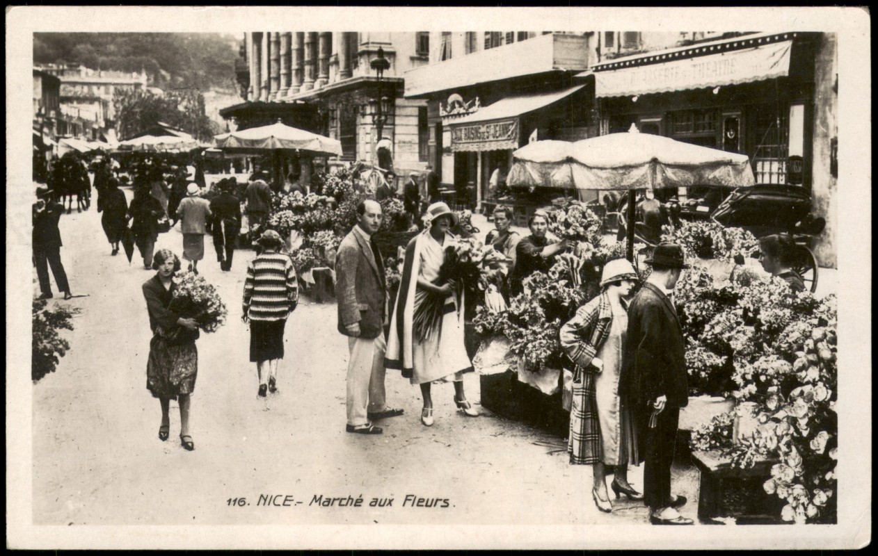 vergrößern: Bildseite historische Ansichtskarte von 1932: Blumen-Markt Marché aux Fleurs:: Nizza