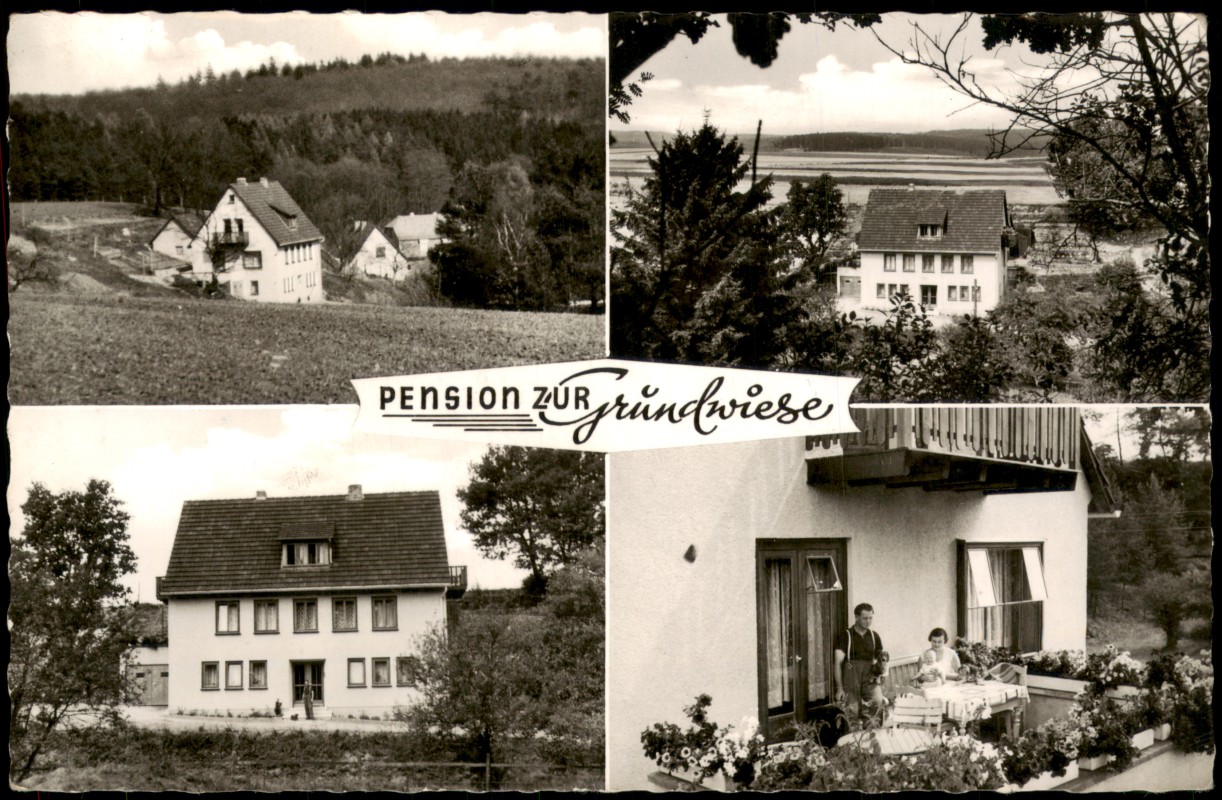 vergrößern: Bildseite historische Ansichtskarte von 1962: 4 Bild Pension zur Grundmühle:: Wrexen-Diemelstadt