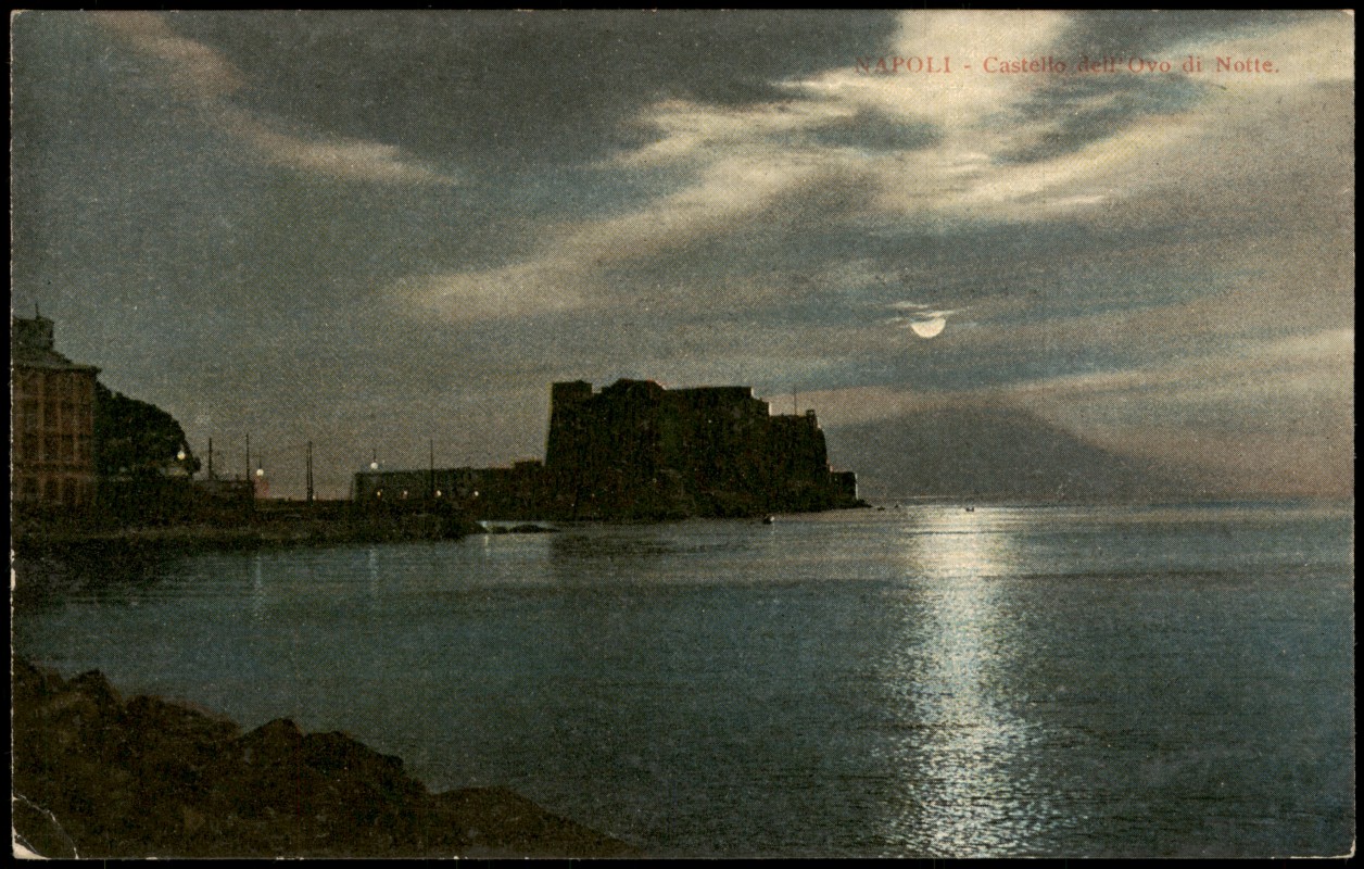 vergrößern: Bildseite historische Ansichtskarte von 1913: Castello del Ovo di Notte. Mondschein:: Neapel