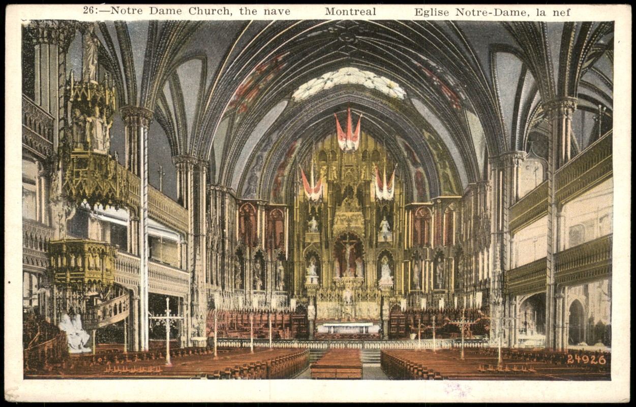 vergrößern: Bildseite historische Ansichtskarte von 1920: Kirchen Innenansicht Notre Dame Church, the nave:: Montreal