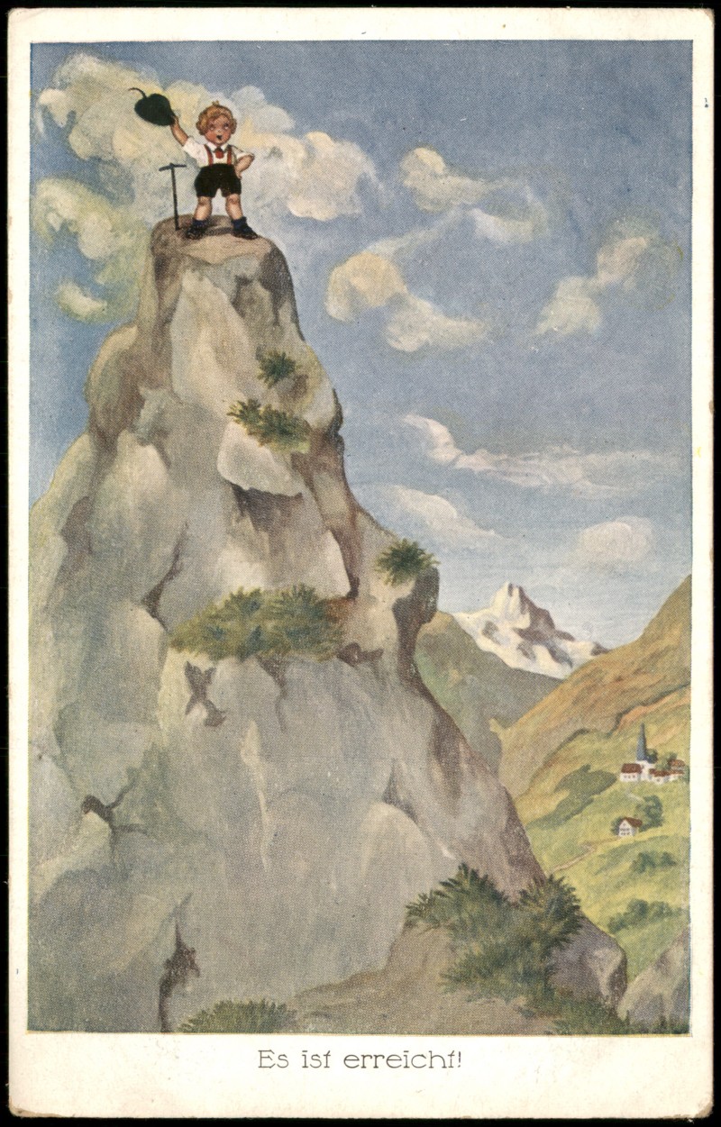 zoom: Image side vintage Postcard from 1910: Es ist erreicht! Künstlerkarte Junge als Bergsteiger::