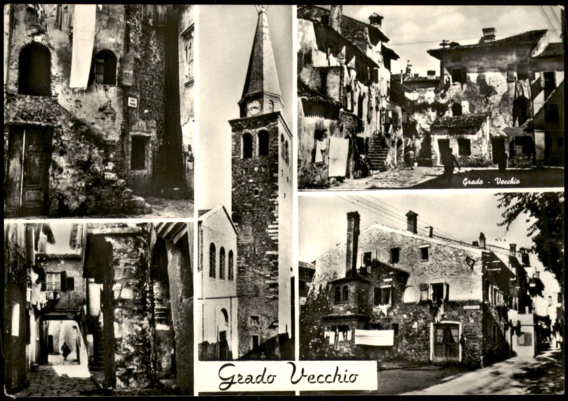 vergrößern: Bildseite historische Ansichtskarte von 1955: Mehrbildansicht der Altstadt mit Campanile:: Grado