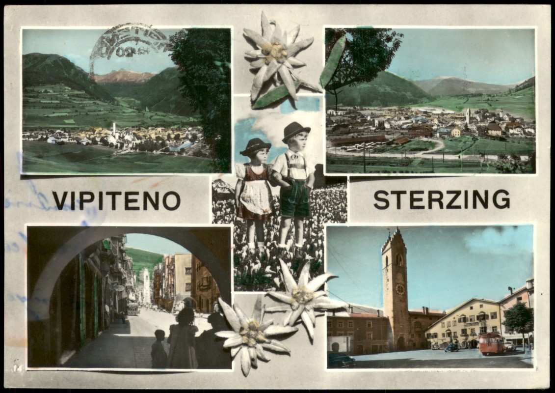 vergrößern: Bildseite historische Ansichtskarte von 1955: Mehrbildkarte mit Ortsansichten, Trachten-Kinder:: Sterzing