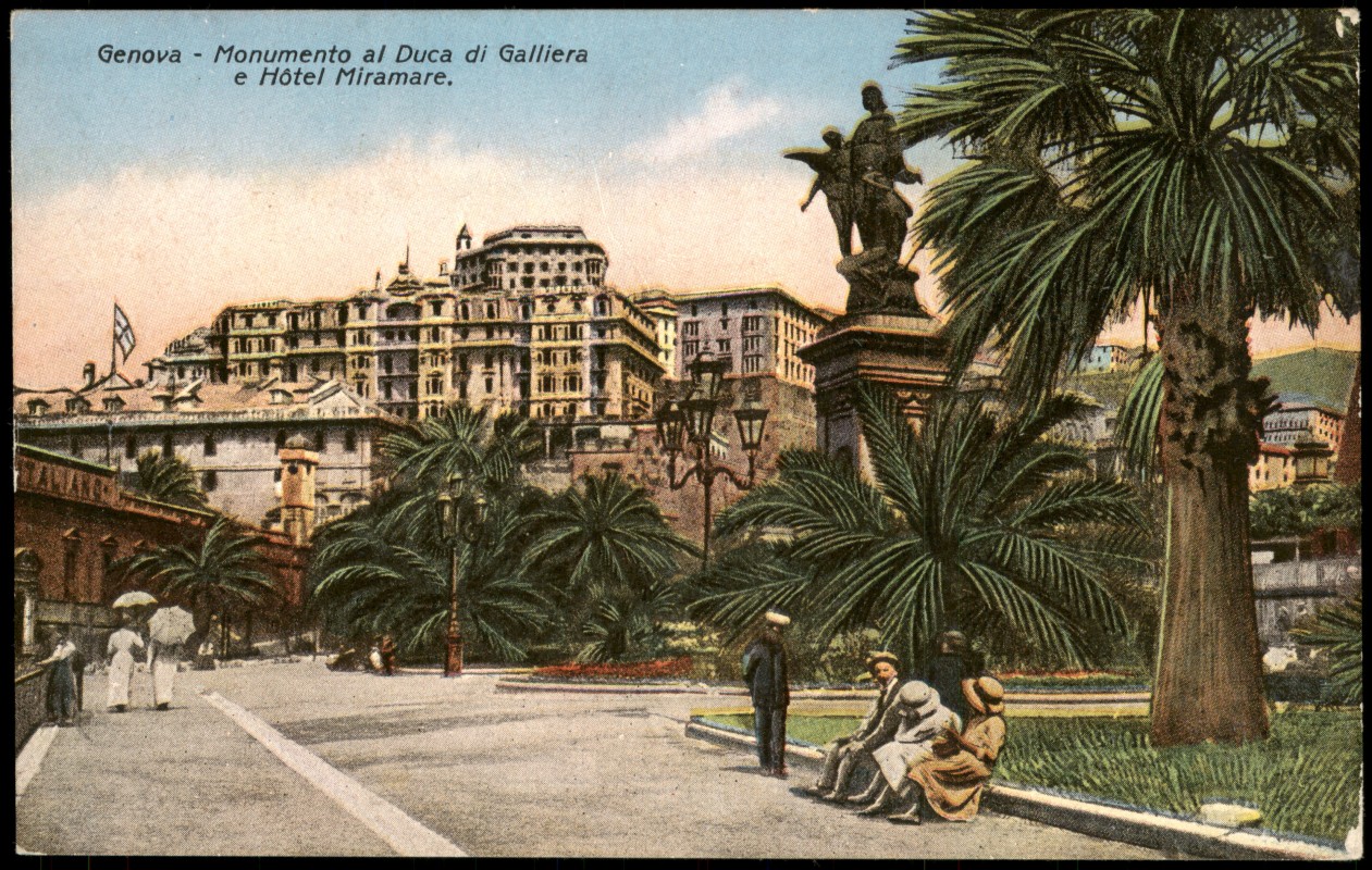 zoom: Image side vintage Postcard from 1912: Monumento al Duca di Gallierae Hôtel Miramare.:: Genoa
