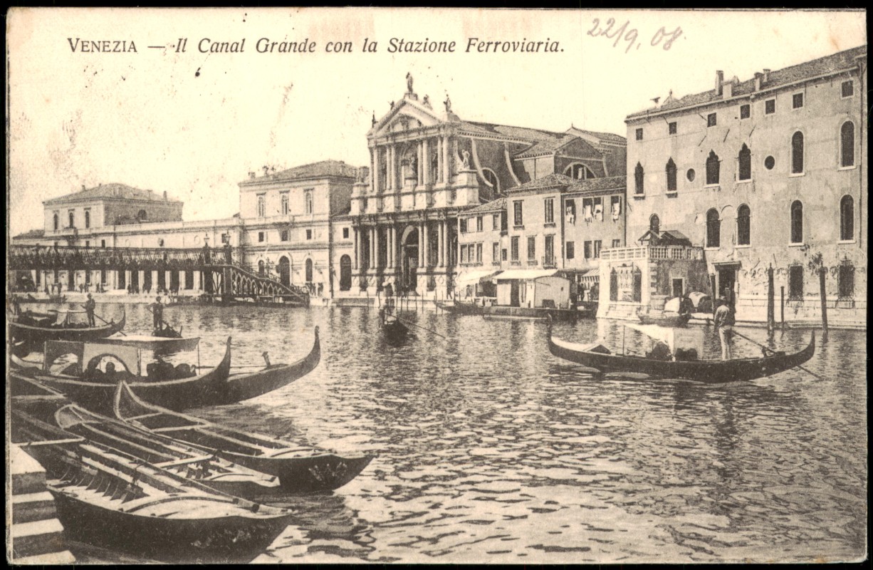 vergrößern: Bildseite historische Ansichtskarte von 1906: IL Canal Grande con la Stazione Ferroviaria.:: Venedig