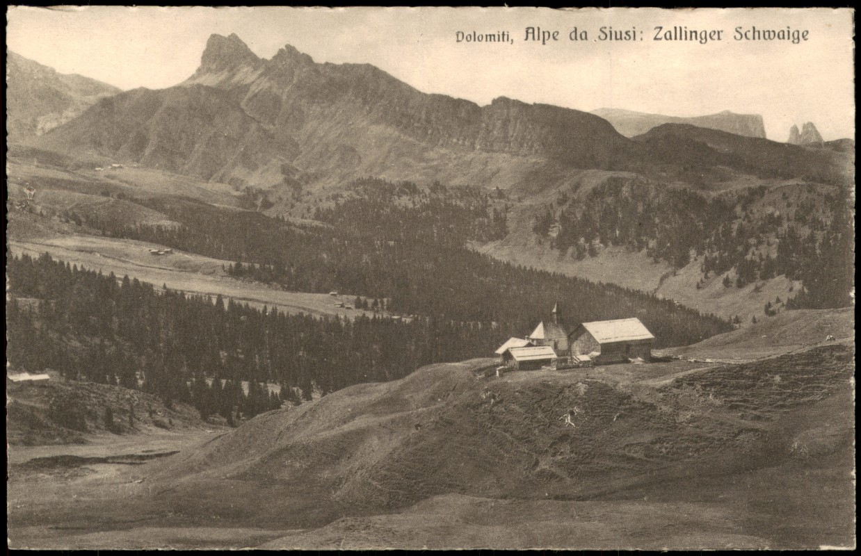 vergrößern: Bildseite historische Ansichtskarte von 1910: Dolomiten Dolomiti Alpe da Siusi Zallinger Schwaige:: .Trentino-Südtirol