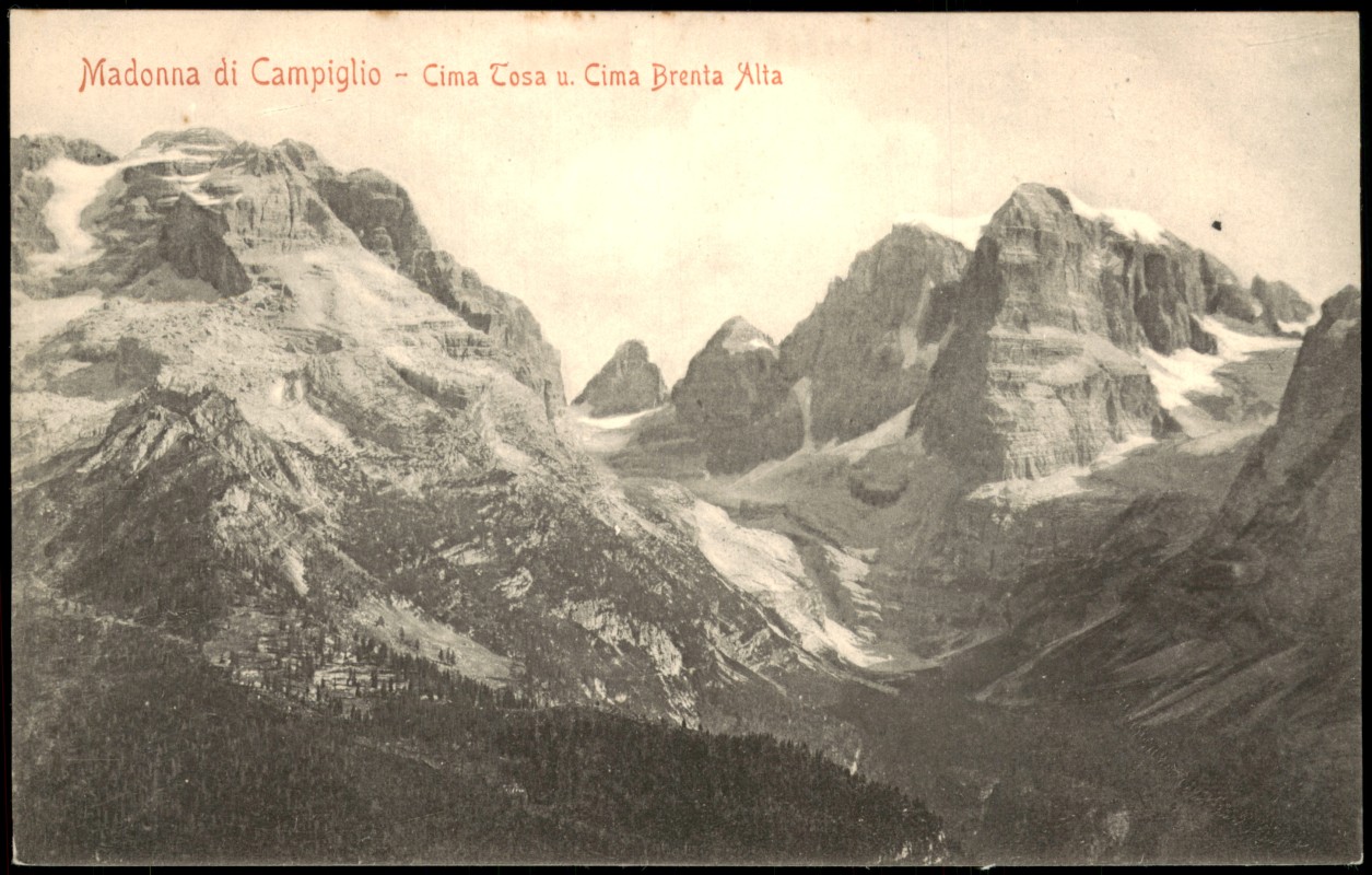 zoom: Image side vintage Postcard from 1906: Panorama-Ansicht Cima Cosa u. Cima Brenta Alta:: Madonna di Campiglio