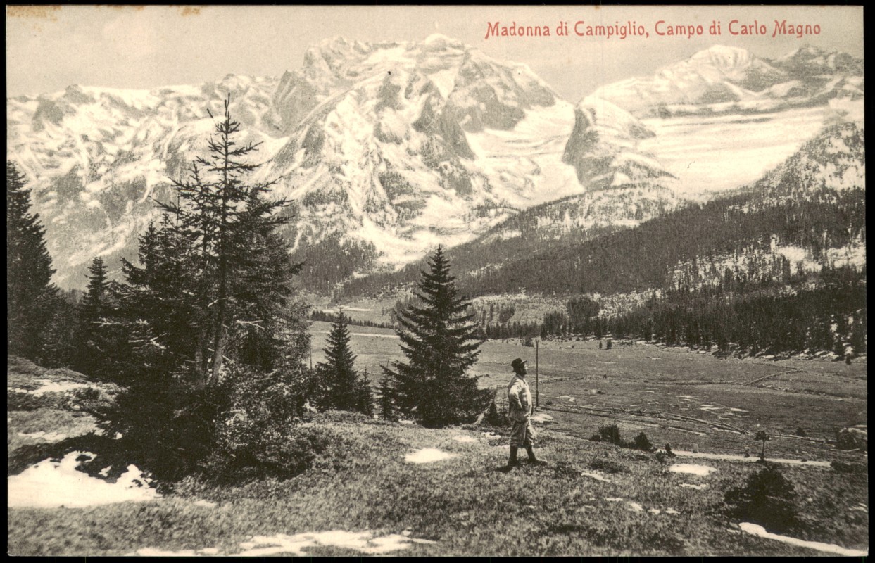 zoom: Image side vintage Postcard from 1910: Panorama-Ansicht Campo di Carlo Magno:: Madonna di Campiglio
