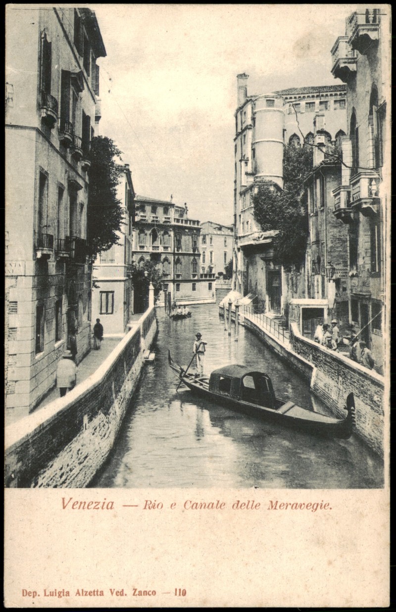 vergrößern: Bildseite historische Ansichtskarte von 1908: Rio e Canale delle Meravegie. Gondel:: Venedig