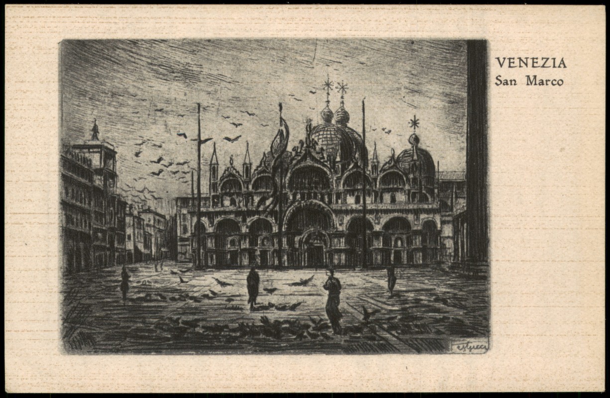 zoom: Image side vintage Postcard from 1925: San Marco Markusplatz Künstlerkarte Federzeichnung:: Venice