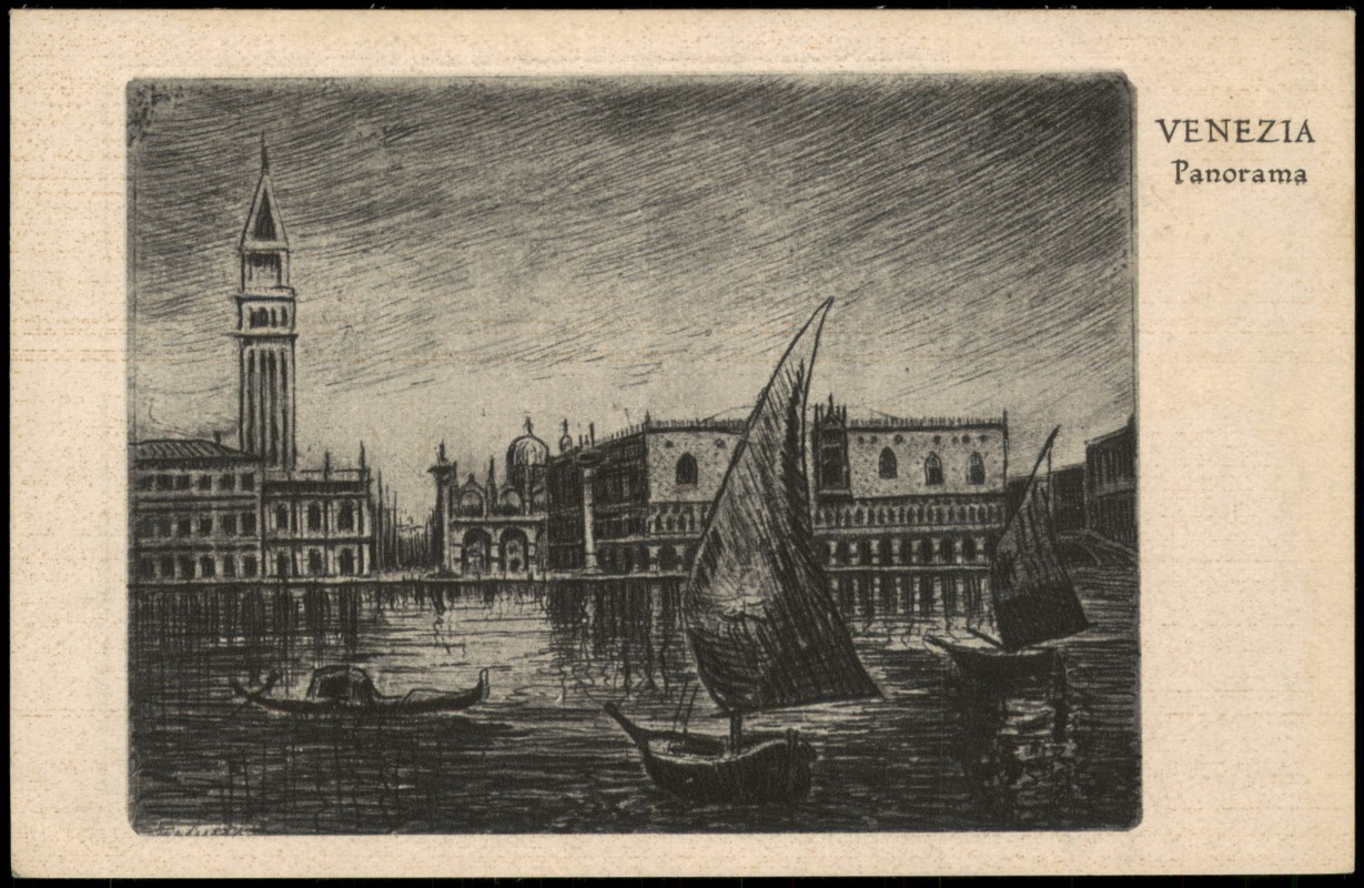 vergrößern: Bildseite historische Ansichtskarte von 1925: Panorama Federzeichnung Künstlerkarte:: Venedig