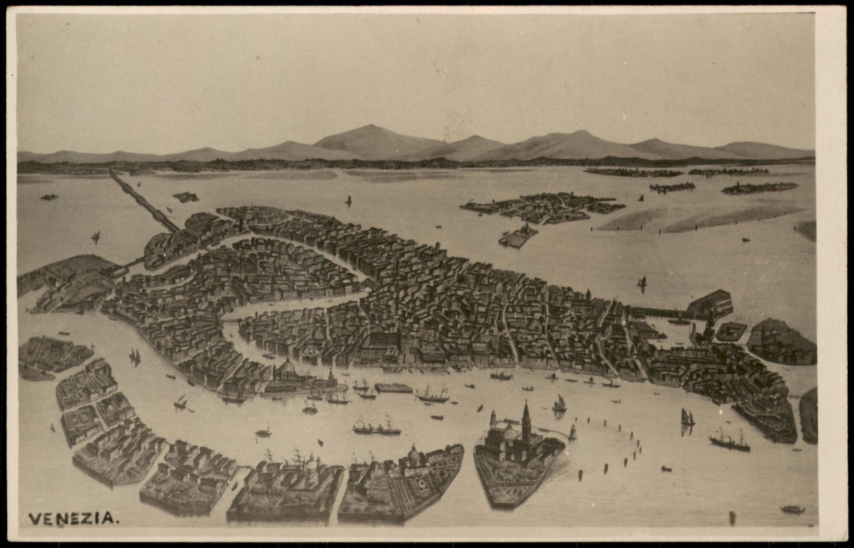 vergrößern: Bildseite historische Ansichtskarte von 1930: Luftbild Vogelschau Künstlerkarte:: Venedig
