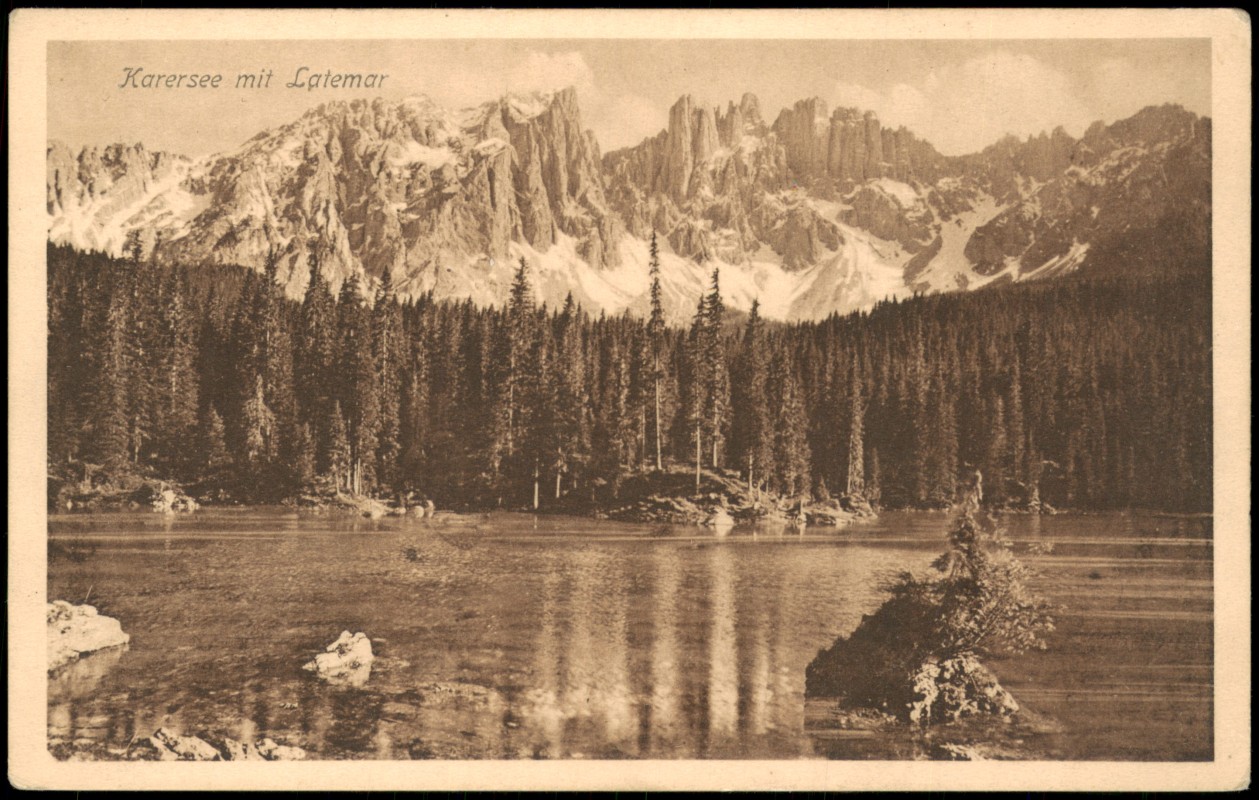 vergrößern: Bildseite historische Ansichtskarte von 1928: Karersee Lago di Carezza:: Welschnofen