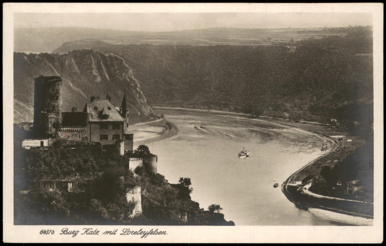 zoom: Image side vintage Postcard from 1920: Burg Katz mit Loreleyfelsen am Rhein:: St. Goarshausen