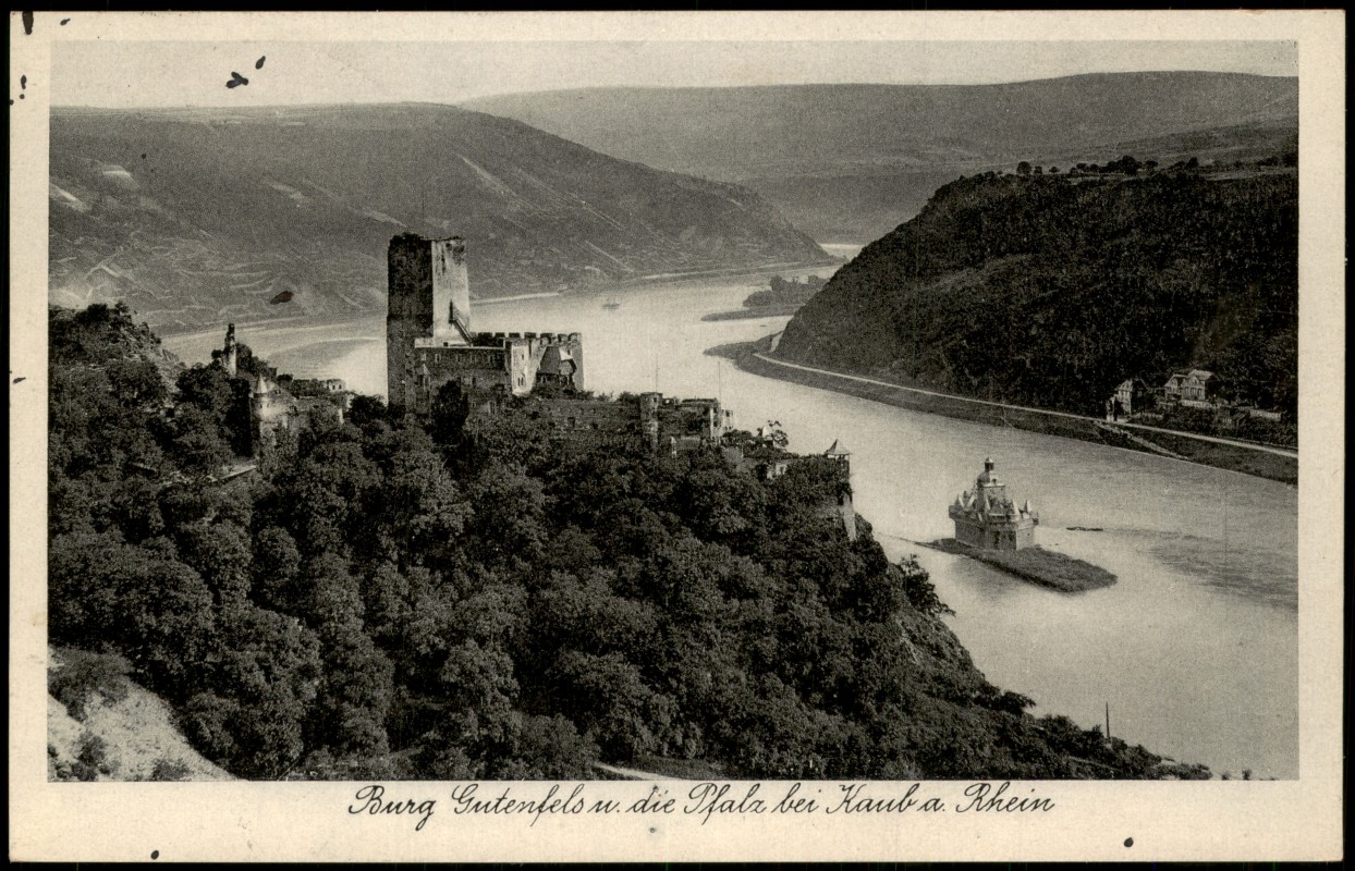 vergrößern: Bildseite historische Ansichtskarte von 1937: Burg Gutenfels und Pfalz, Rhein-Panorama-Blick:: Kaub