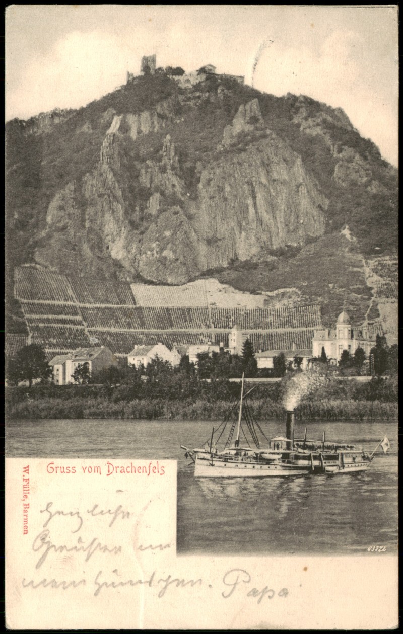 vergrößern: Bildseite historische Ansichtskarte von 1903: Gruss vom Drachenfels Rhein Dampfer:: Königswinter