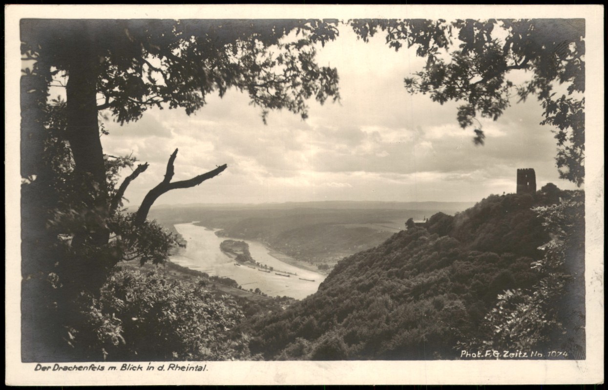 zoom: Image side vintage Postcard from 1918: Blick vom Drachenfels ins Rheintal mit Burgruine:: Königswinter