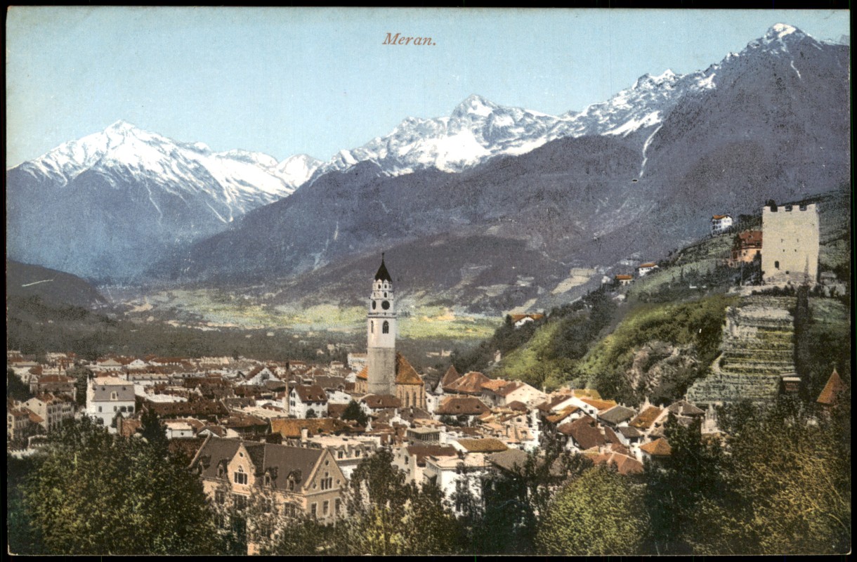 vergrößern: Bildseite historische Ansichtskarte von 1910: Panorama-Ansicht:: Meran