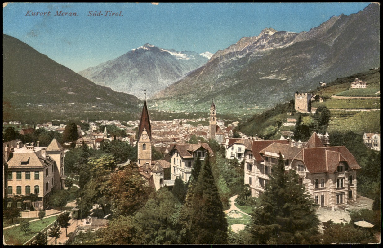 vergrößern: Bildseite historische Ansichtskarte von 1910: Panorama-Ansicht Kurort Süd-Tirol:: Meran