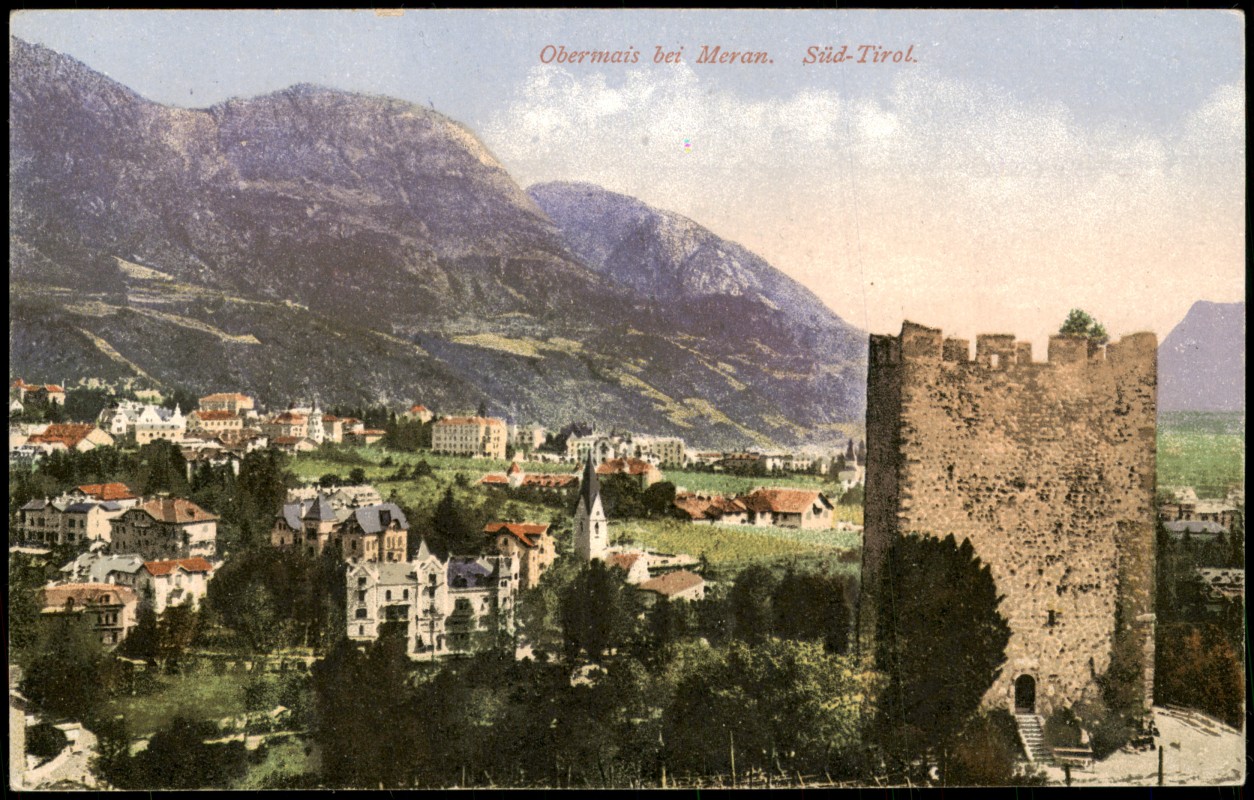 vergrößern: Bildseite historische Ansichtskarte von 1910: Panorama-Ansicht Obermais bei Meran Süd-Tirol:: Obermais-Meran