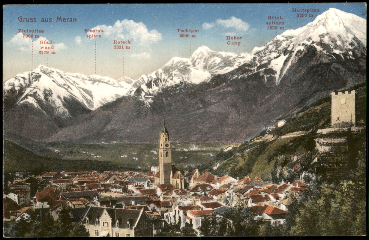 vergrößern: Bildseite historische Ansichtskarte von 1910: Panorama-Ansicht Gruss aus Meran:: Meran