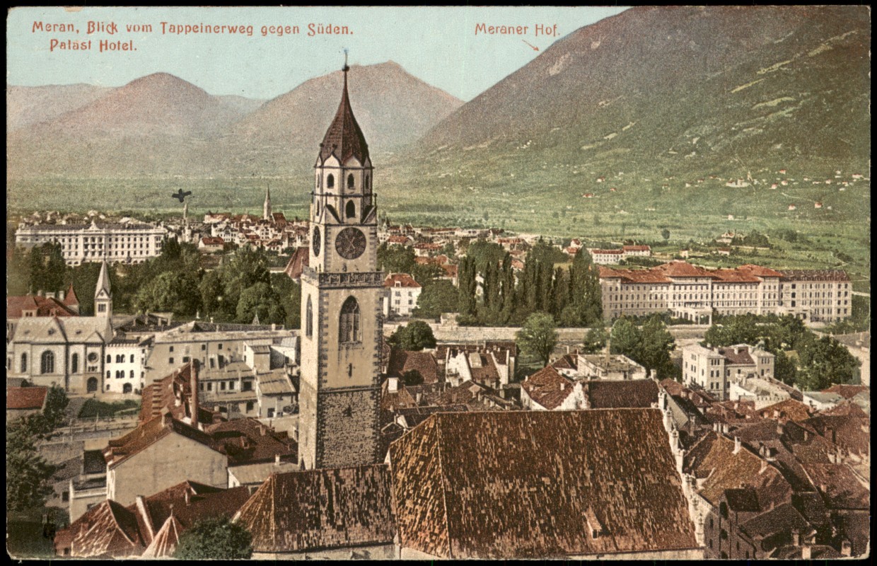 vergrößern: Bildseite historische Ansichtskarte von 1913: Blick vom Tappeinerweg gegen Süden Panorama-Ansicht:: Meran