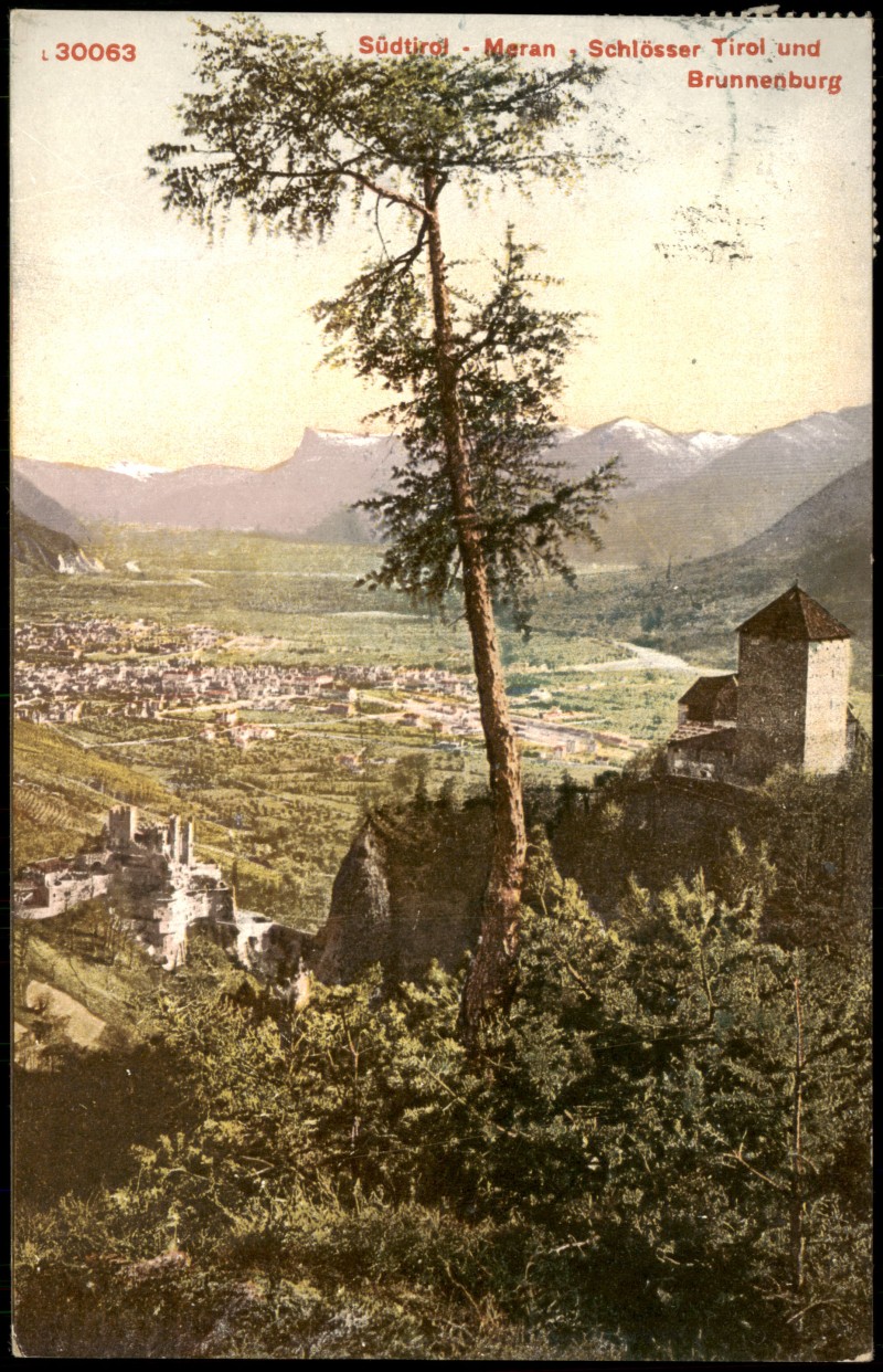 vergrößern: Bildseite historische Ansichtskarte von 1911: Panorama-Ansicht Südtirol Schlösser Tirol und Brunnenburg:: Meran