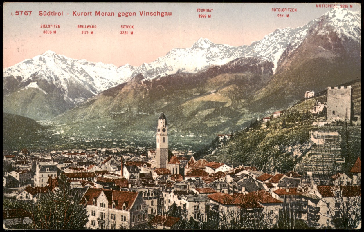 vergrößern: Bildseite historische Ansichtskarte von 1910: Panorama-Ansicht mit Namen der umliegenden Berge:: Meran