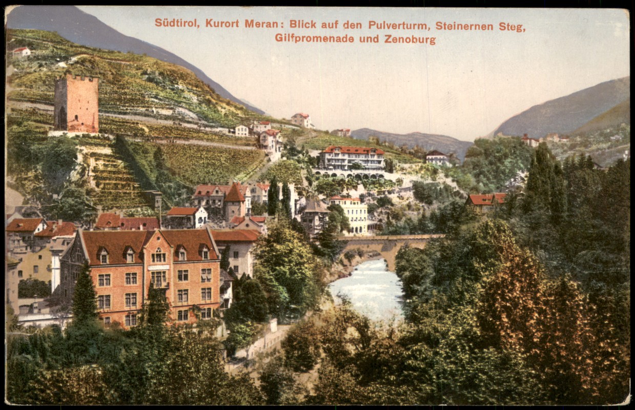 vergrößern: Bildseite historische Ansichtskarte von 1910: Blick auf Pulverturm, Steinernen Steg, Gilfpromenade und Zenoburg:: Meran