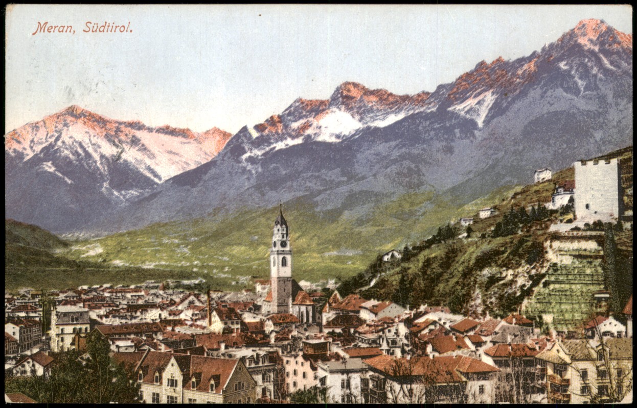 vergrößern: Bildseite historische Ansichtskarte von 1913: Panorama-Ansicht Ort in Südtirol:: Meran