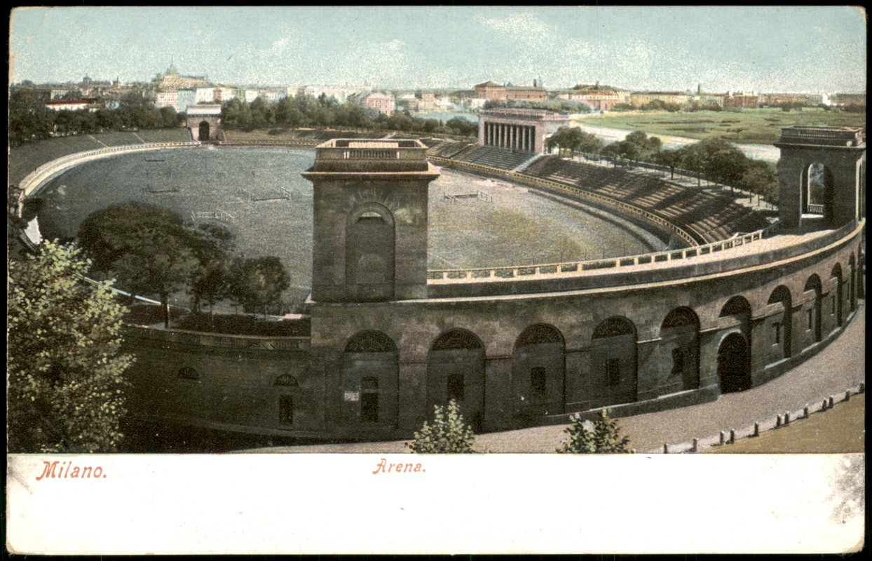 zoom: Image side vintage Postcard from 1909: Blick über die Arena zur Stadt:: Milan