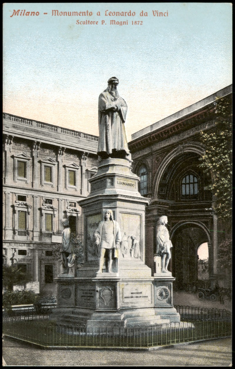 zoom: Image side vintage Postcard from 1912: Monumento a Leonardo da VinciScultore P. Magni 1872:: Milan