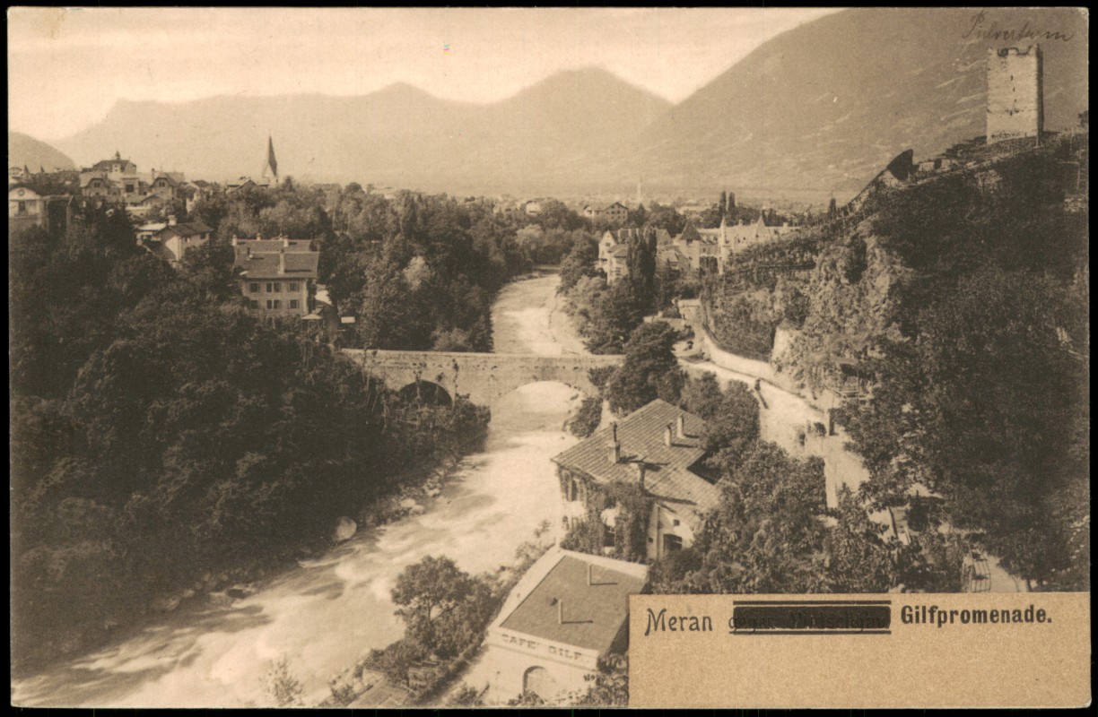 zoom: Image side vintage Postcard from 1918: Gilfpromenade mit Cafe Gilf:: Merano