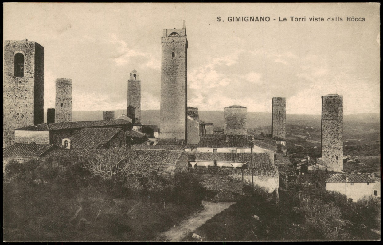 zoom: Image side vintage Postcard from 1914: Le Torri viste dalla Rôcca:: San Gimignano