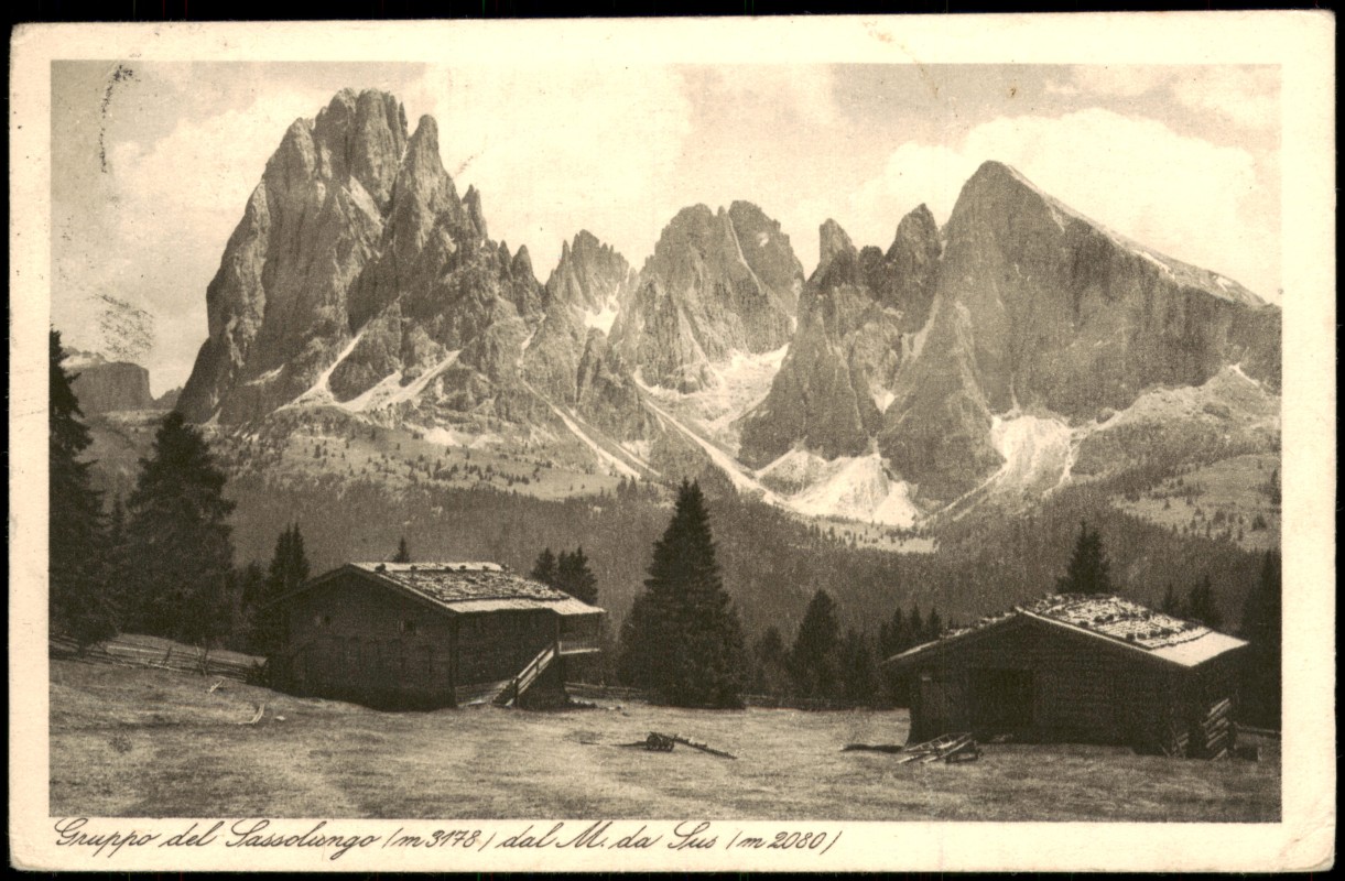 zoom: Image side vintage Postcard from 1925: Langkofelgruppe vom Monte de Soura:: .Trentino-Südtirol