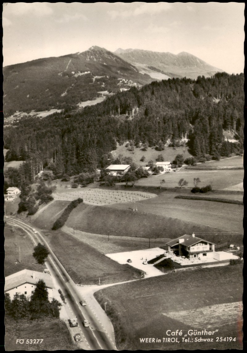 zoom: Image side vintage Postcard from 1962: Luftbild Fliegeraufnahme Café Günthe:: Weer Tirol