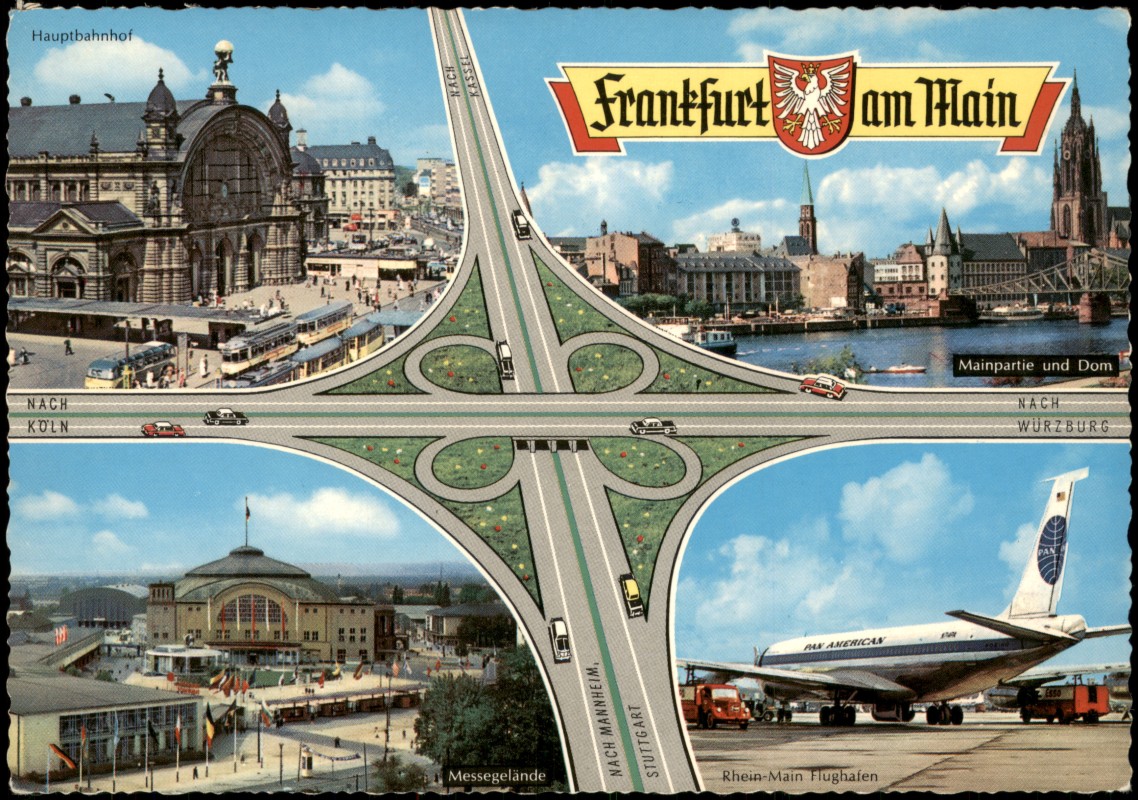 vergrößern: Bildseite historische Ansichtskarte von 1964: Messe Bahnhof Autobahn Frankfurter Kreuz:: Frankfurt am Main
